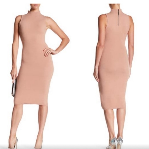 Alice + Olivia mock neck neutral ribbed stretch Hana rose tan classic dress XS